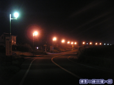 写真：根本海岸に接する道路の街灯を子ガメの光へ誘導される性質に影響を与えにくい低圧ナトリウム灯に替えていただきました．（2005年4月）